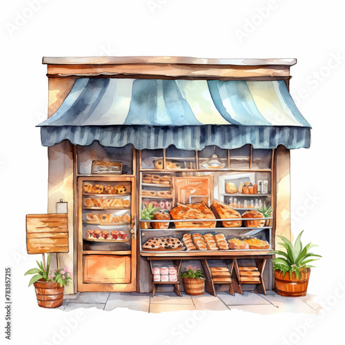 A Unique Bakery storefront with a sign clipart, watercolor illustration clipart, isolated on white background © ANNetz_PK