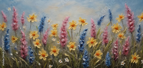  A 3D textured embroidery of a colorful spring wildflowers, perfect for the spring season. Textured thread can be seen on the Frame TV, look a like real paint of art. © Fhahry