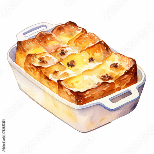 A Unique Bread and Butter Pudding clipart, watercolor illustration clipart, isolated on white background photo