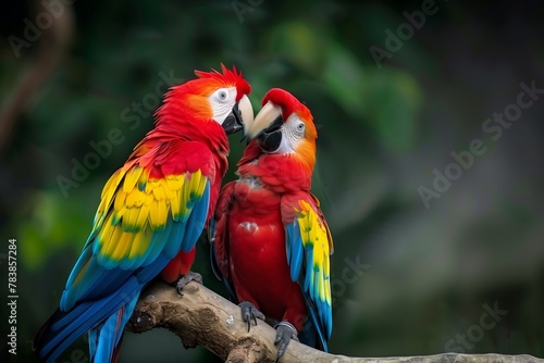 Colorful Macaws Parrots Sharing Affection, Bokeh Background © Funk Design