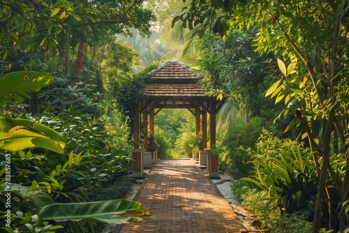 Garden Pathway with Tropical Foliage Under Wooden Pergola, Nature Walk