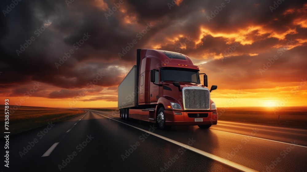 Sunset Road Trip: Truck Traveling under Stormy Skies