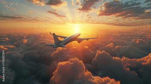 An airplane flies high above breathtaking sunset clouds, capturing the essence of modern air travel photo