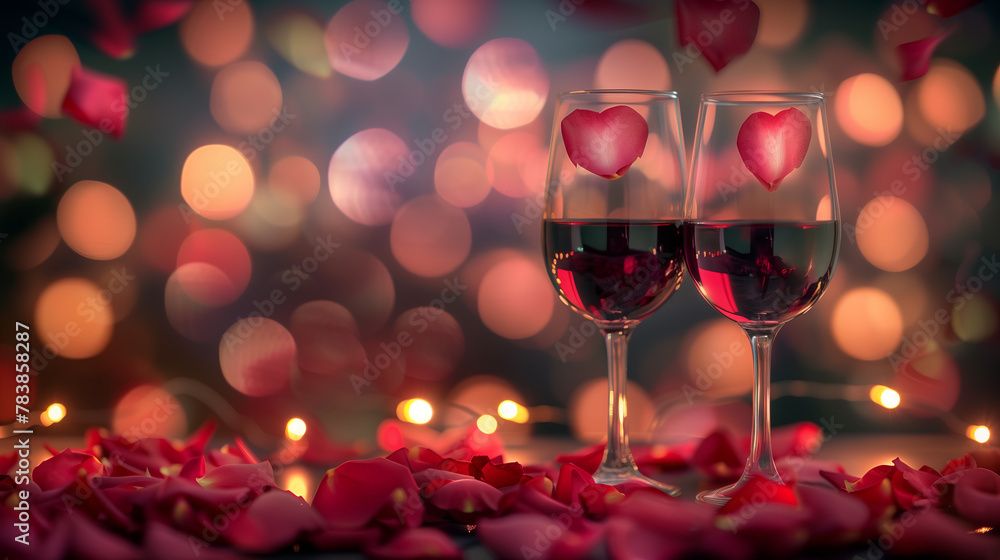 Romantic Wine Glasses with Rose Petals. Valentine's Day Celebration with Wine and Roses Romantic Wine Glasses with Rose Petals. Valentine's Day Celebration with Wine and Roses