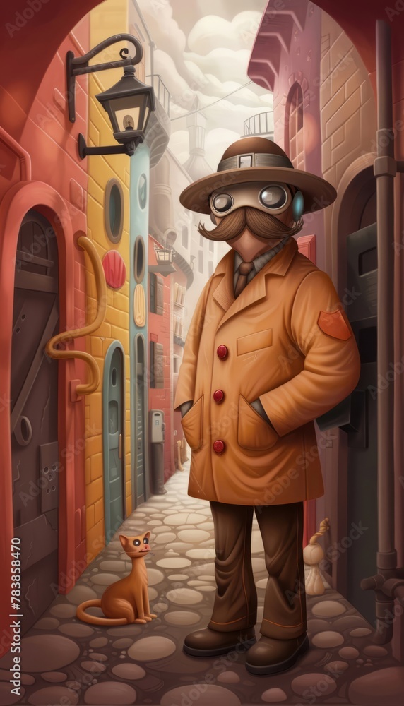 A cartoon detective stands in a European alleyway with his cat.