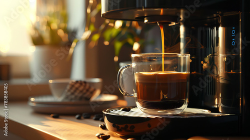 Cozy Morning Coffee Routine with Modern Espresso Coffeemaker Machine and Warm Sunlight.