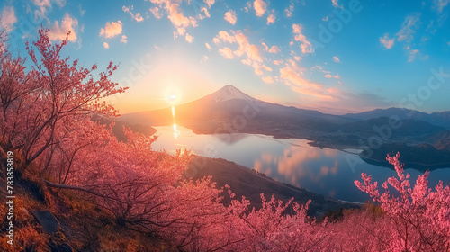 Panorama view of Mountain fuji in Japan during cherry blossom spring season. #783858819