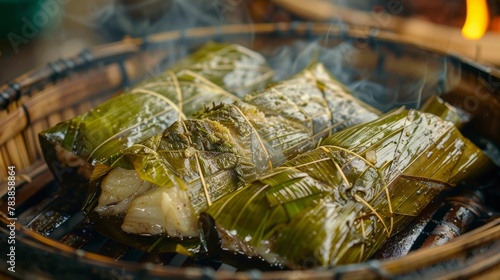 Lao Mok Pa dish - sliced white fish seasoned with spices and wrapped in banana leaves. © lastfurianec