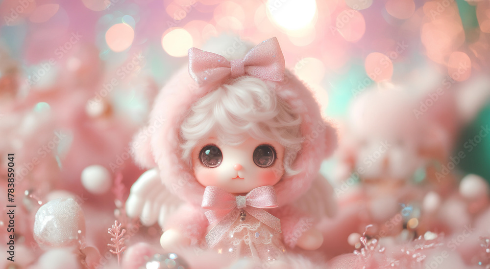 Lovely fluffy cute doll with copy space pastel color, baby doll Lovely fluffy cute doll with copy space pastel color, baby doll