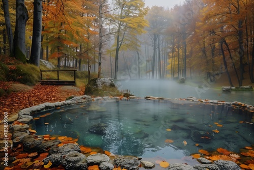 Misty Pond in Autumn Forest with Golden Foliage, Tranquil © Martin Funk