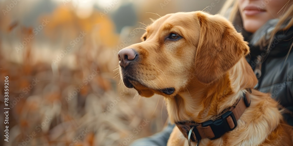 Golden Retriever Wearing GPS Enabled Collar Exploring Autumn Landscape with Owner Golden Retriever Wearing GPS Enabled Collar Exploring Autumn Landscape with Owner