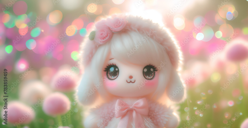 Fototapeta premium Lovely fluffy cute doll with copy space pastel color, baby doll