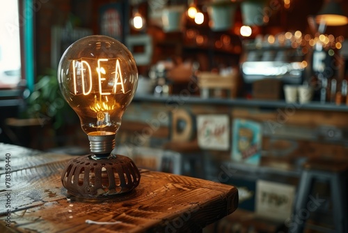 A glowing bulb with 'IDEA' filament shines in a cozy, rustic cafe backdrop..