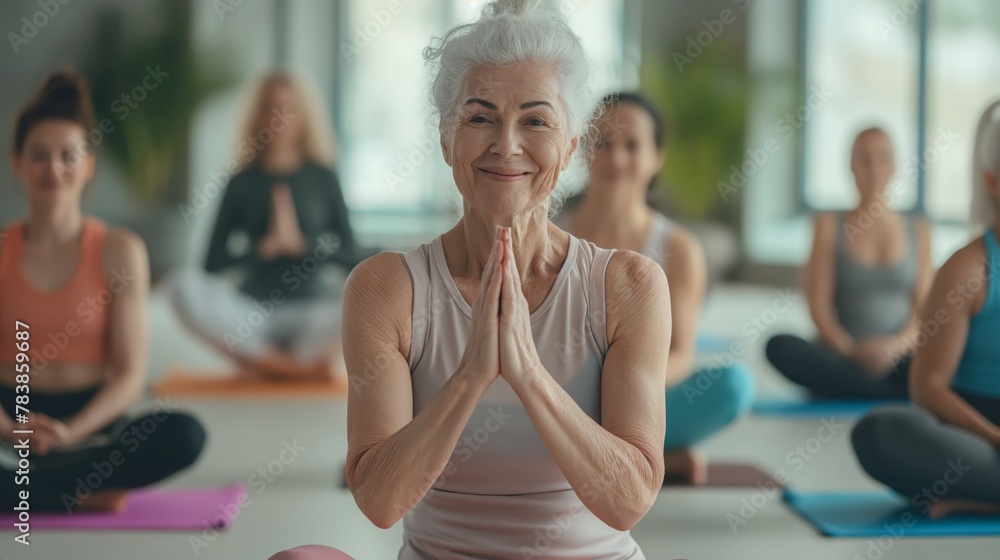 Happy smiling older women practice yoga in group classes in the fitness room Happy smiling older women practice yoga in group classes in the fitness room