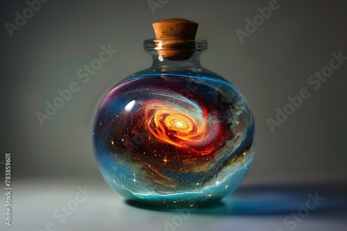 The galaxy is inside a round glass jar with a sealed neck with a wooden stopper
