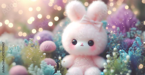 Lovely fluffy cute rabbit doll with copy space pastel color, baby doll © Makkraw