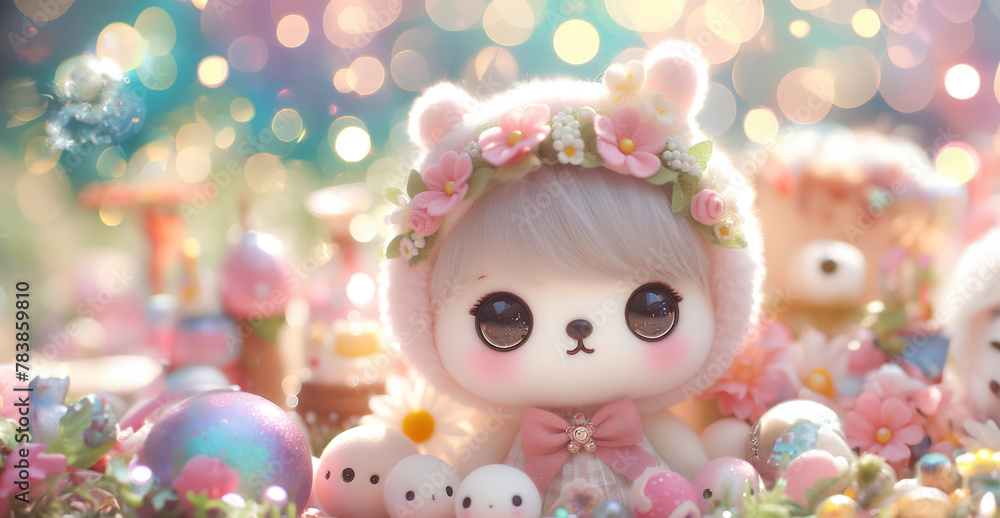 Lovely fluffy cute doll with copy space pastel color, baby doll Lovely fluffy cute doll with copy space pastel color, baby doll