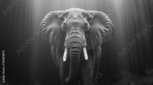  A black-and-white image of an elephant with light originating from behind its head and tusks photo
