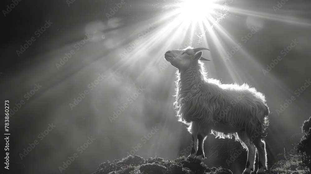 Fototapeta premium A goat silhouetted against a hill in a black-and-white image; sun shines through clouds behind, casting golden rays