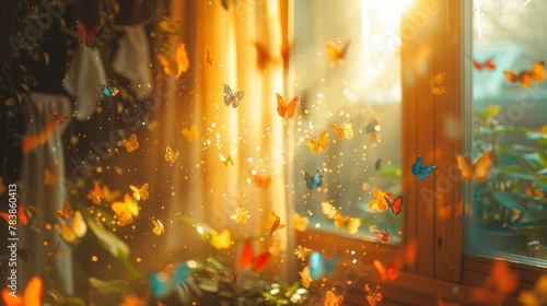  A room with a window, butterflies gathered on the sill, and a curtained window