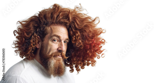 Happy Old Man with Red Curly Hair in Barbershop