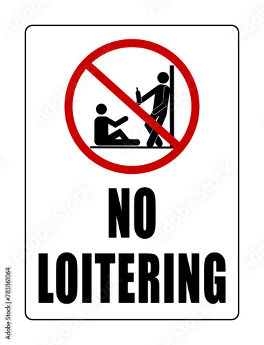 No loitering in this area, ban sign with a person leaning and another sitting. Text below. 