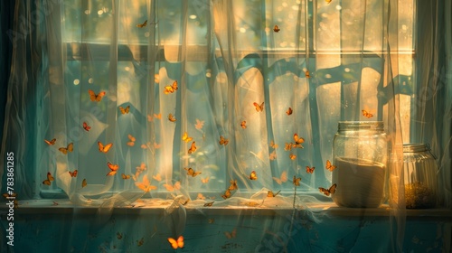  A window adorned with a curtained frame; butterflies delicately emerging, Jar on windowsill