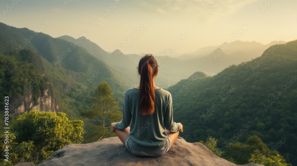 back view of woman is relaxingly practicing meditation yoga at top of mountain, back view of woman is relaxingly practicing meditation yoga at top of mountain,
