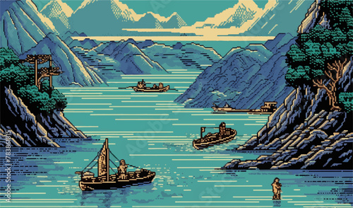 Pixel Art River Scene with Boats and Mountains.. photo