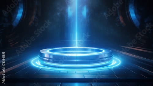 Blue hologram portal. Magic fantasy portal, podium with hologram  © CStock