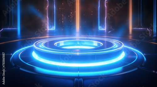 Blue hologram portal. Magic fantasy portal, podium with hologram 