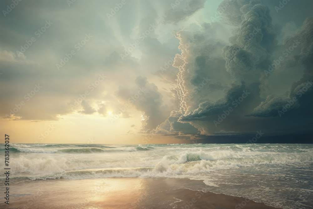 Calm before the storm, contrast between the peaceful sea and the dramatic impending cumulus storm clouds gathering - breathtaking seascape under the enchanting glow of late afternoon dusk sunset. - obrazy, fototapety, plakaty 