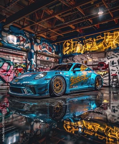 fast sports sky blue drift race car in a garage with graffitti wall art
