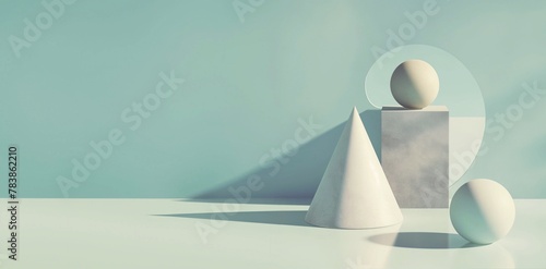 3D rendering of minimalistic geometric shapes. Abstract background with shadows, still life. Monochrome palette, copy space.