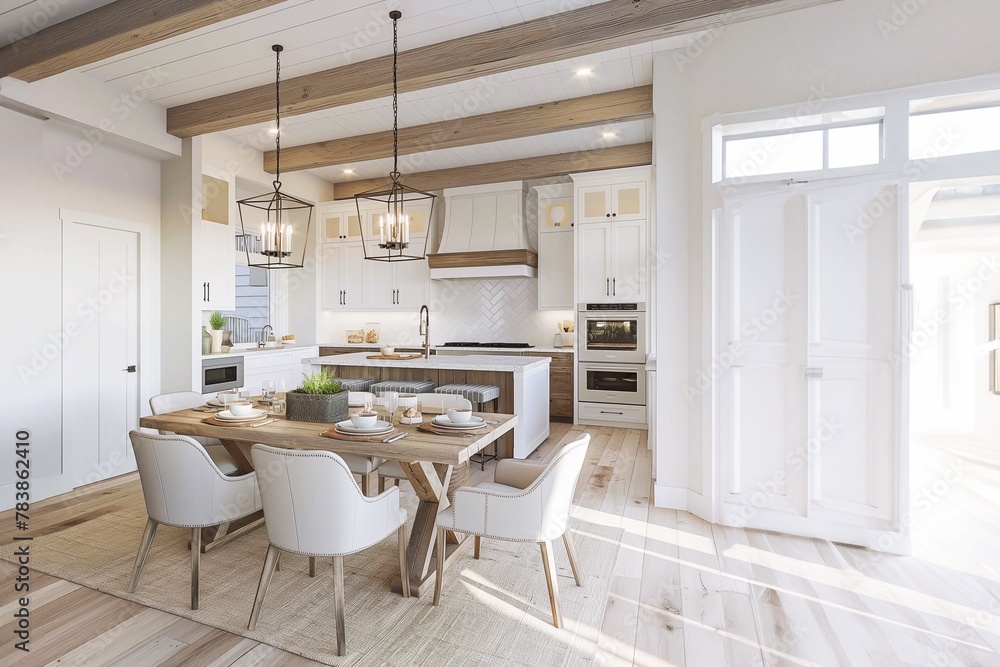 3d rendering of luxury kitchen and dining room in house with wooden ceiling. Beautiful view from the windows. 3d rendering of luxury kitchen and dining room in house with wooden ceiling. Beautiful view from the windows.