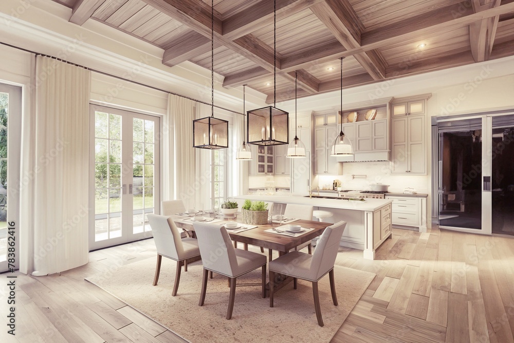 3d rendering of luxury kitchen and dining room in house with wooden ceiling. Beautiful view from the windows.