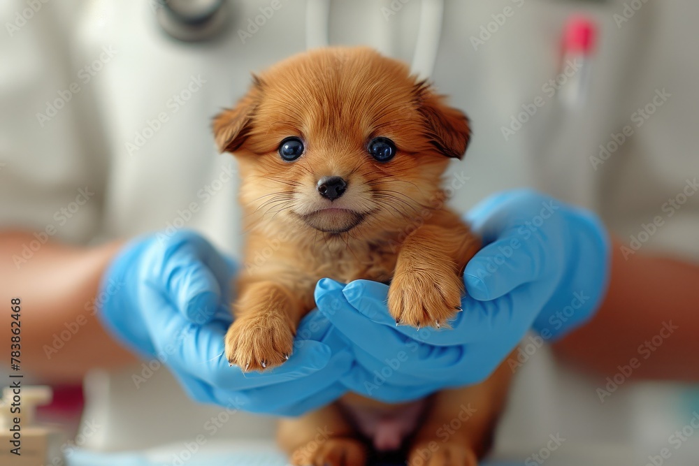 Naklejka premium Caring Veterinarian Examines Adorable Fox Pup