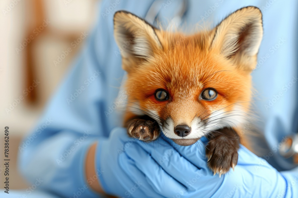 Fototapeta premium Precise Veterinary Inspection of Baby Fox by Skilled Hands