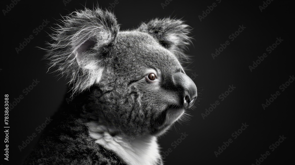 Fototapeta premium A serious-faced koala in black-and-white, gazes into the camera