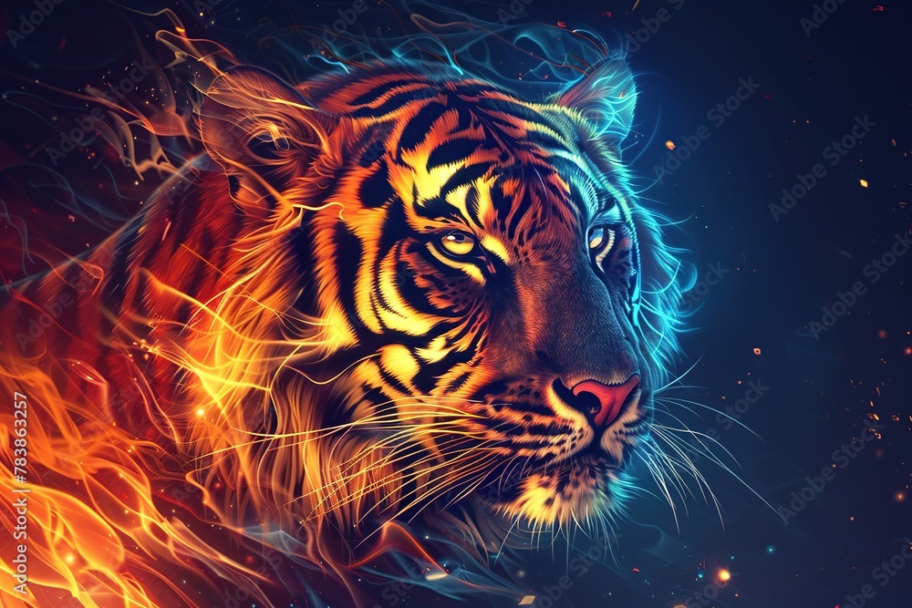 tiger with colorful fire on his body