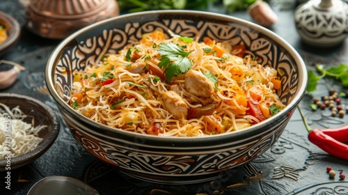 Rekhta is a traditional Algerian dish consisting of thin and flat noodles and chicken sauce.