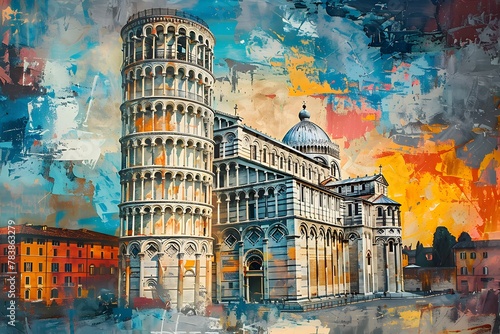 Colorful Abstract Painting of Leaning Tower of Pisa