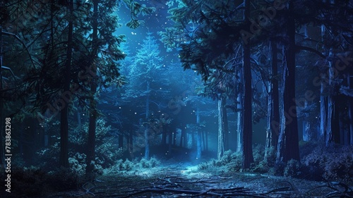 blue tones, 3D illustration of a forest lit up at night by bioluminescence, fireflies, night lights, calm atmosphere.