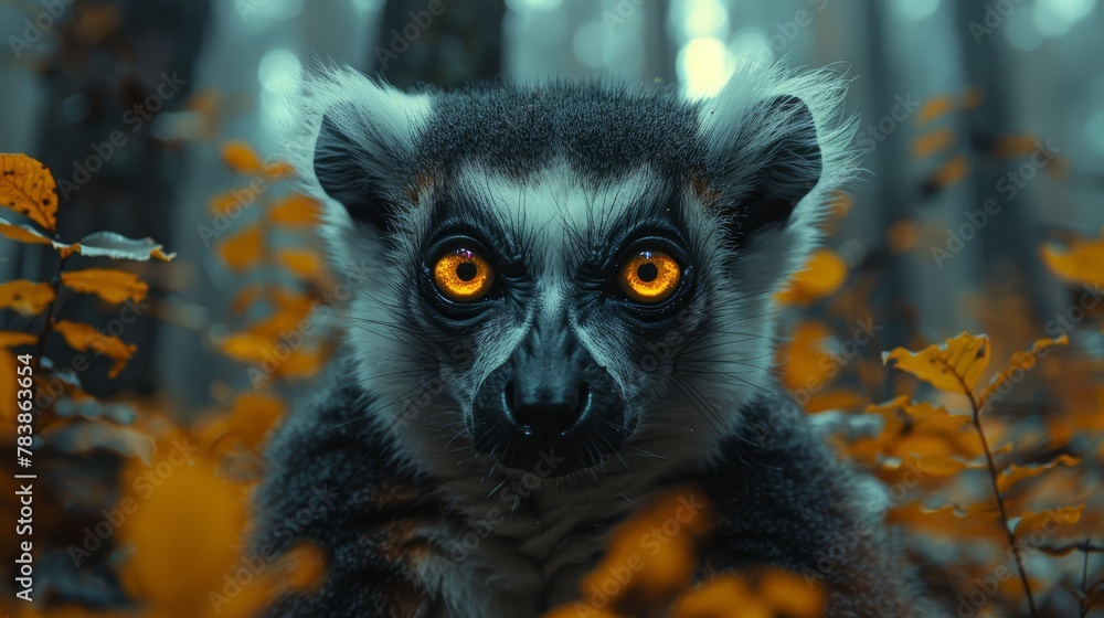 A tight shot of a monkey with vibrant orange eyes in a woodland scene teeming with trees and golden autumn leaves, softening into a hazy backdrop A tight shot of a monkey with vibrant orange eyes in a woodland scene teeming with trees and golden autumn leaves, softening into a hazy backdrop