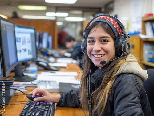 Woman working and attenting a customer call with a smile in a call center