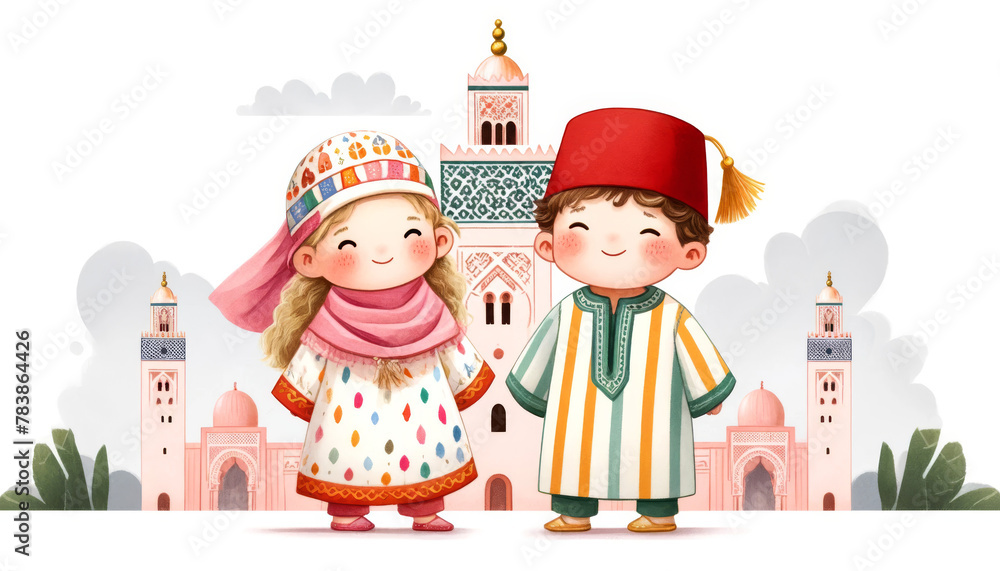 Moroccan Traditional Dress Children Illustration with Mosque, An ...