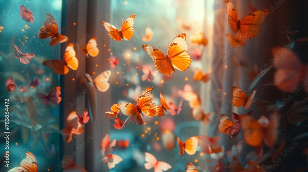   A room teeming with numerous orange butterflies flitting about, near a window revealing an outdoor scene