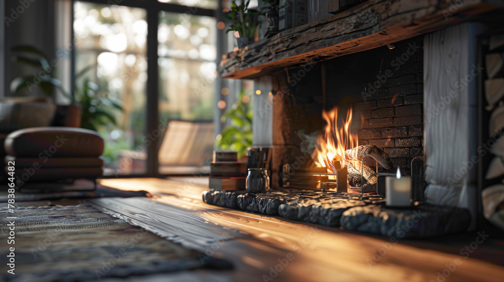 Detail shot of a cozy fireplace in a rustic living room, modern interior design, scandinavian style hyperrealistic photography