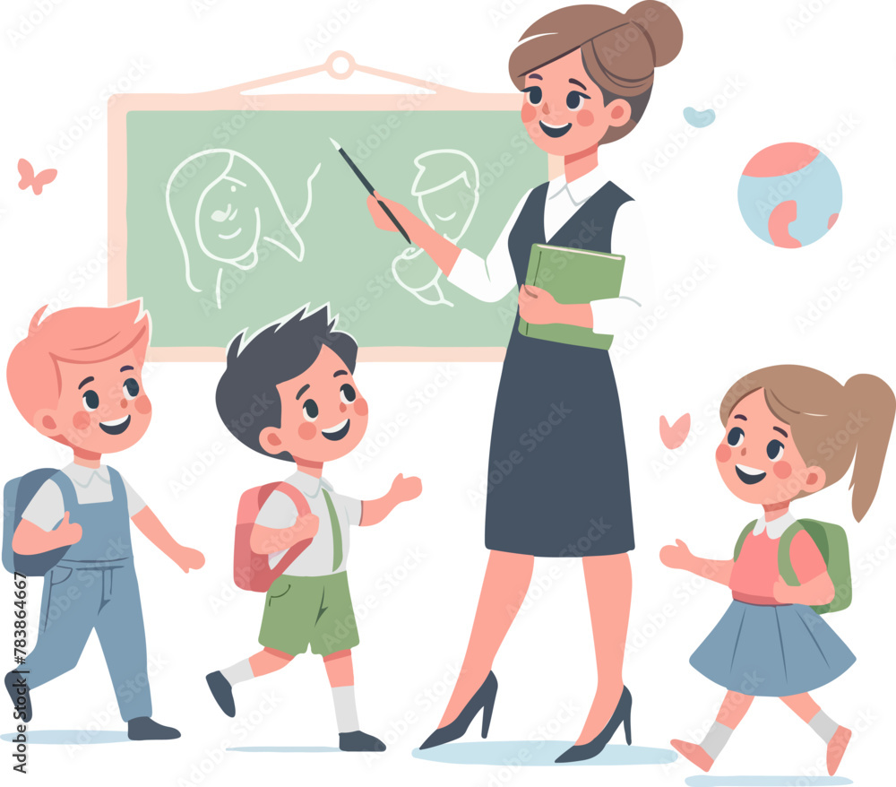 teacher with three students, teacher explains a topic to children teacher with three students, teacher explains a topic to children