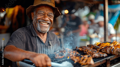 Elderly Man with Radiant Smile Cooking Barbecue, Authentic Street Food Scene